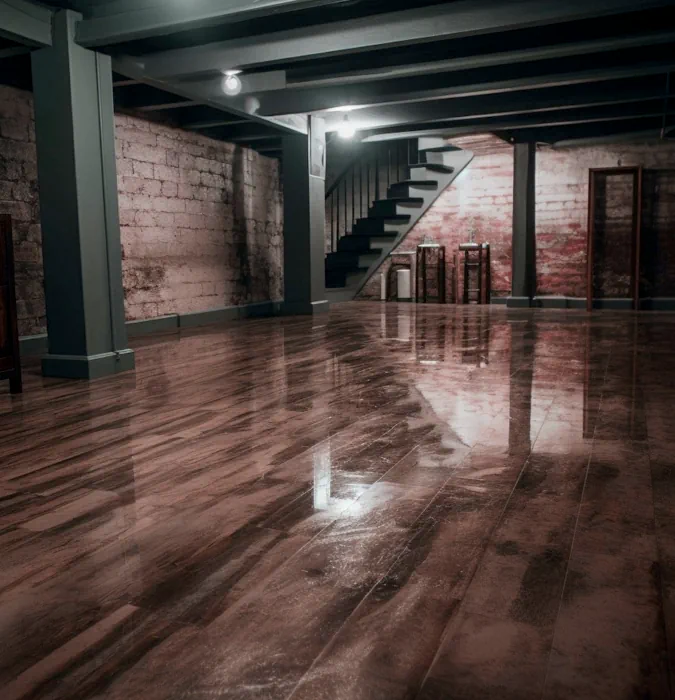 An image of a epoxy basement floor in a white and light grey driftwood style its very beautiful, there is one of our employees a black woman flooring expert of over 20 years looking at the camera and smiling.